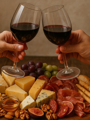 Şarap yanı peynir tabağı hazırlama rehberi; üzerinde farklı bütçelere (düşük, orta, lüks) uygun peynirler, krakerler ve şarap kadehleri olan şık ahşap sunum tabağı.